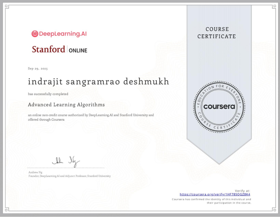 Advanced Learning Algorithms Certificate